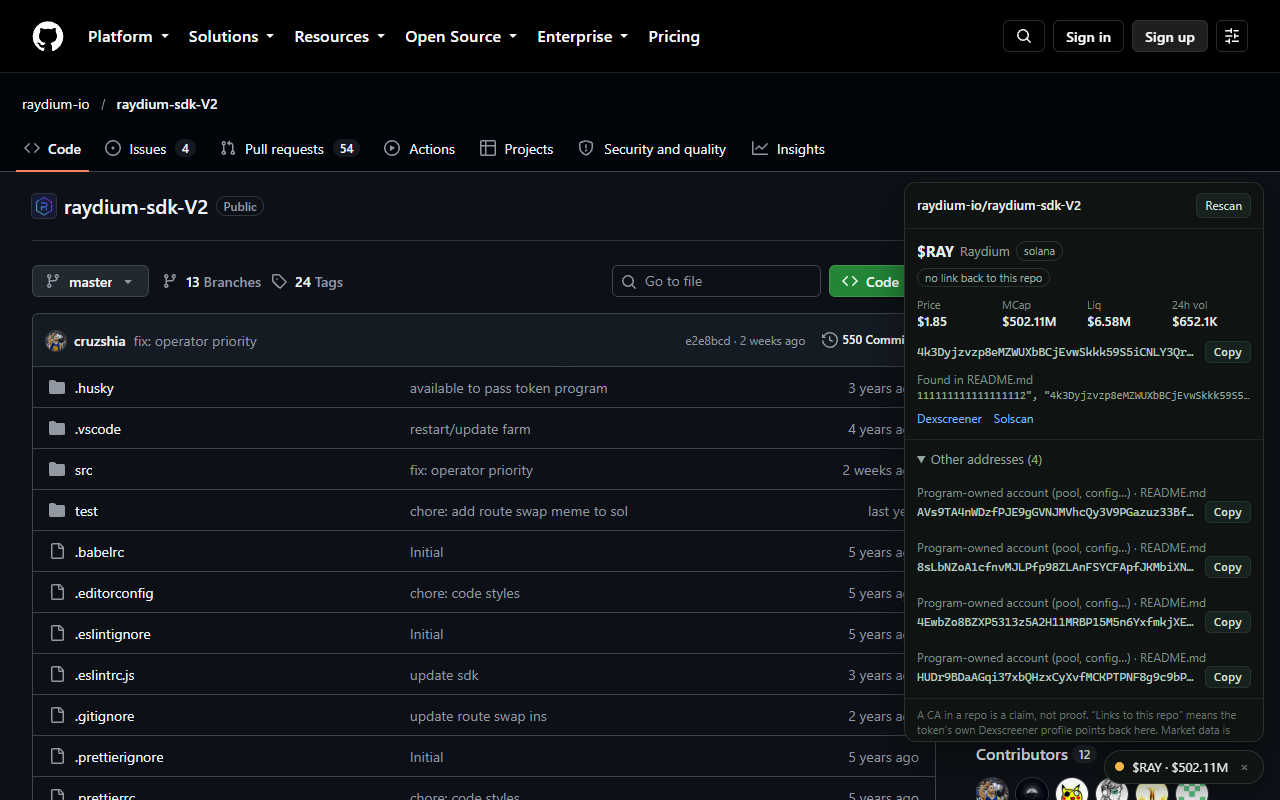 A GitHub repo page with the gitscan badge and panel open in the bottom-right corner