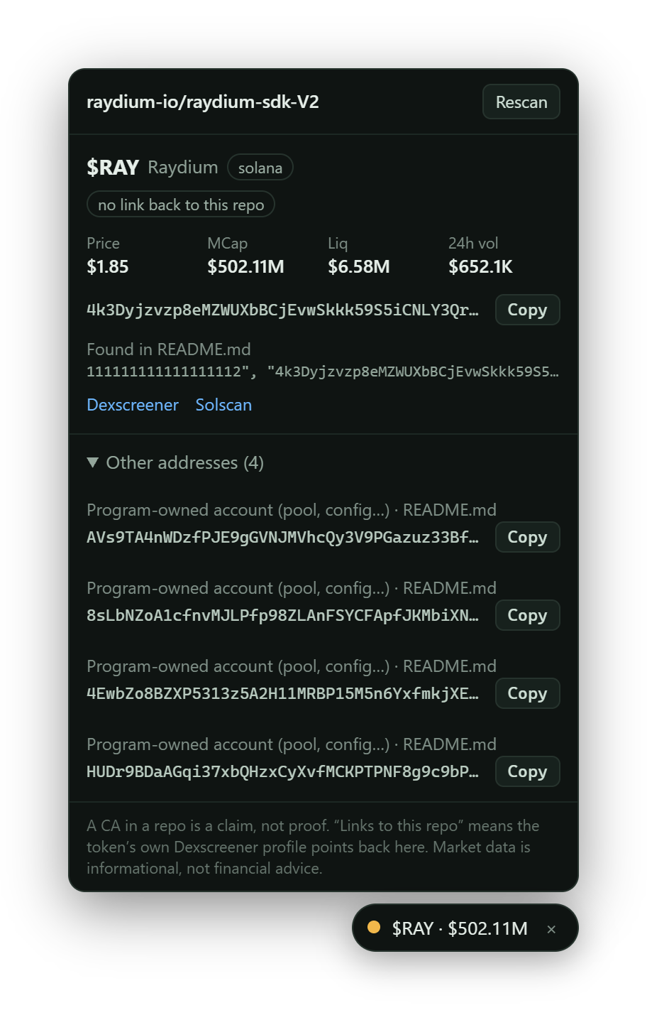 The gitscan panel on the raydium-sdk-V2 repo, showing the RAY token with price, market cap and liquidity, and four program-owned accounts listed separately